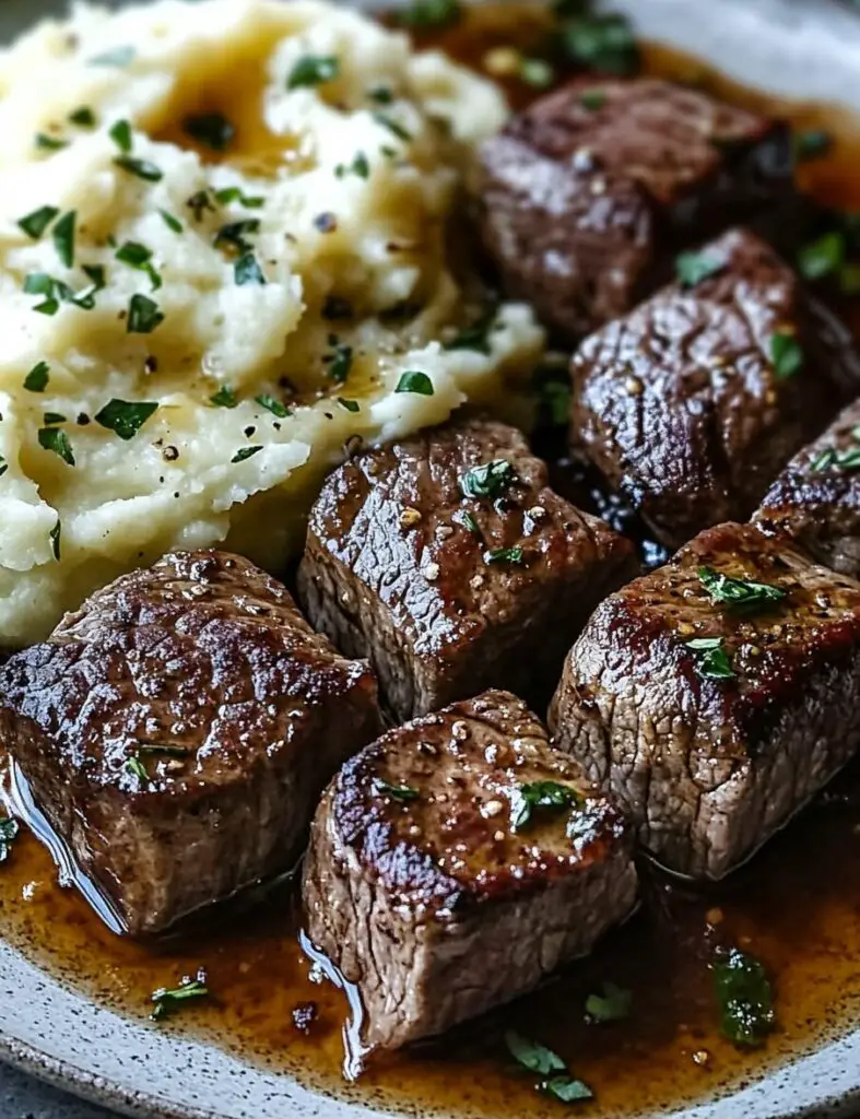 Garlic Butter Steak Bites and Mash