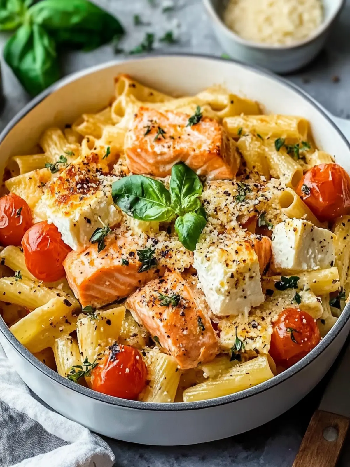 Baked Feta with Pasta and Salmon for a Creamy Dinner Delight 3 Baked Feta with Pasta and Salmon