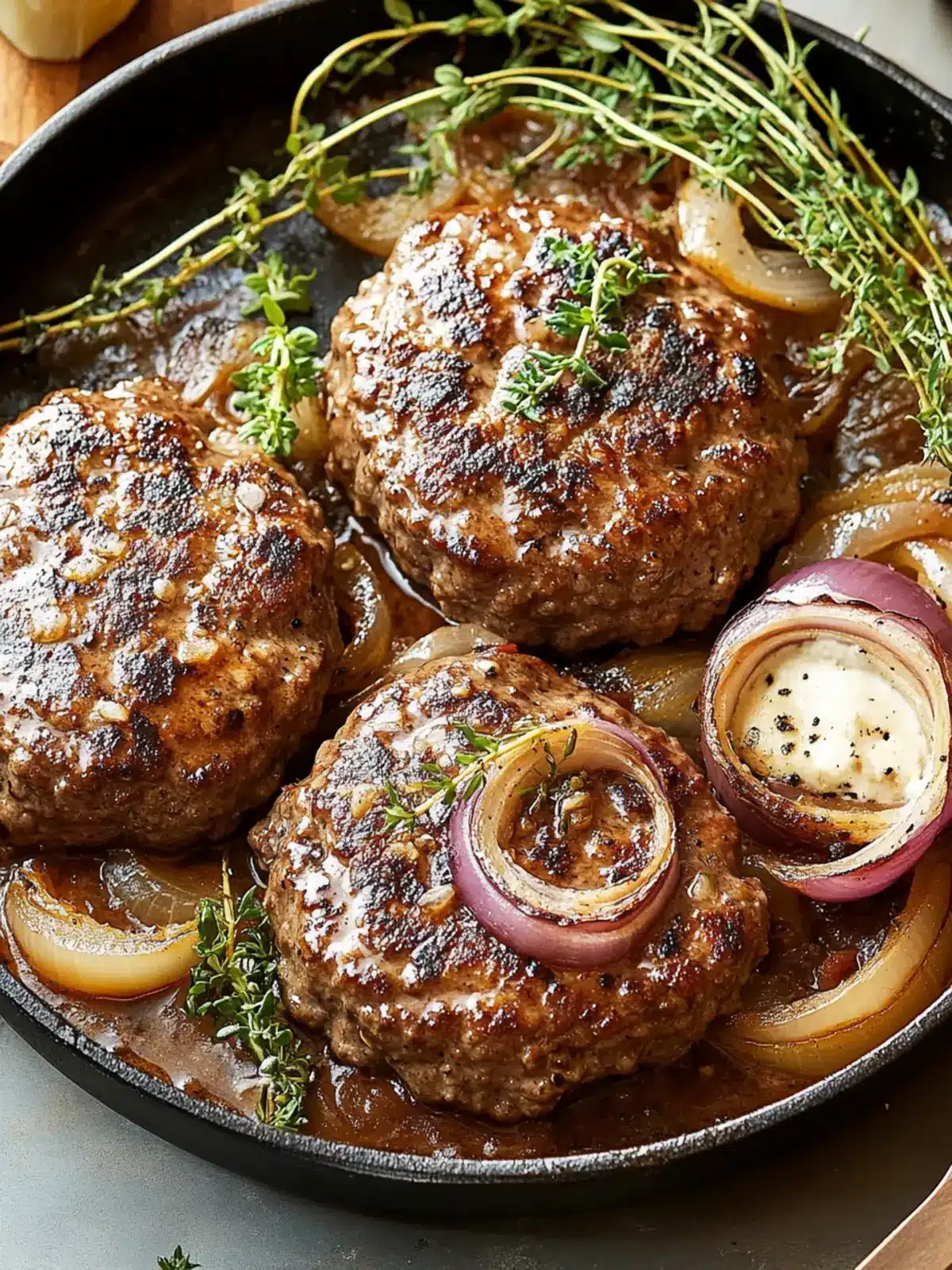 Juicy Hamburger Steaks Smothered in Rich Onion Mushroom Gravy 4 Hamburger Steaks