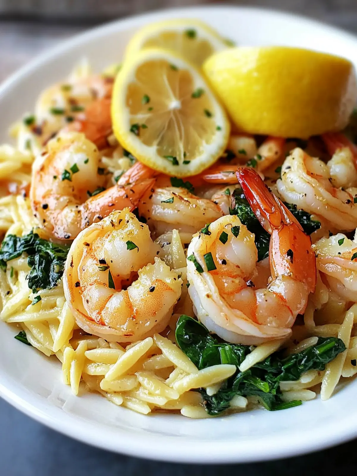 Savor Lemon Garlic Shrimp with Spinach Orzo in One Pot! 4 Lemon Garlic Shrimp with Spinach Orzo