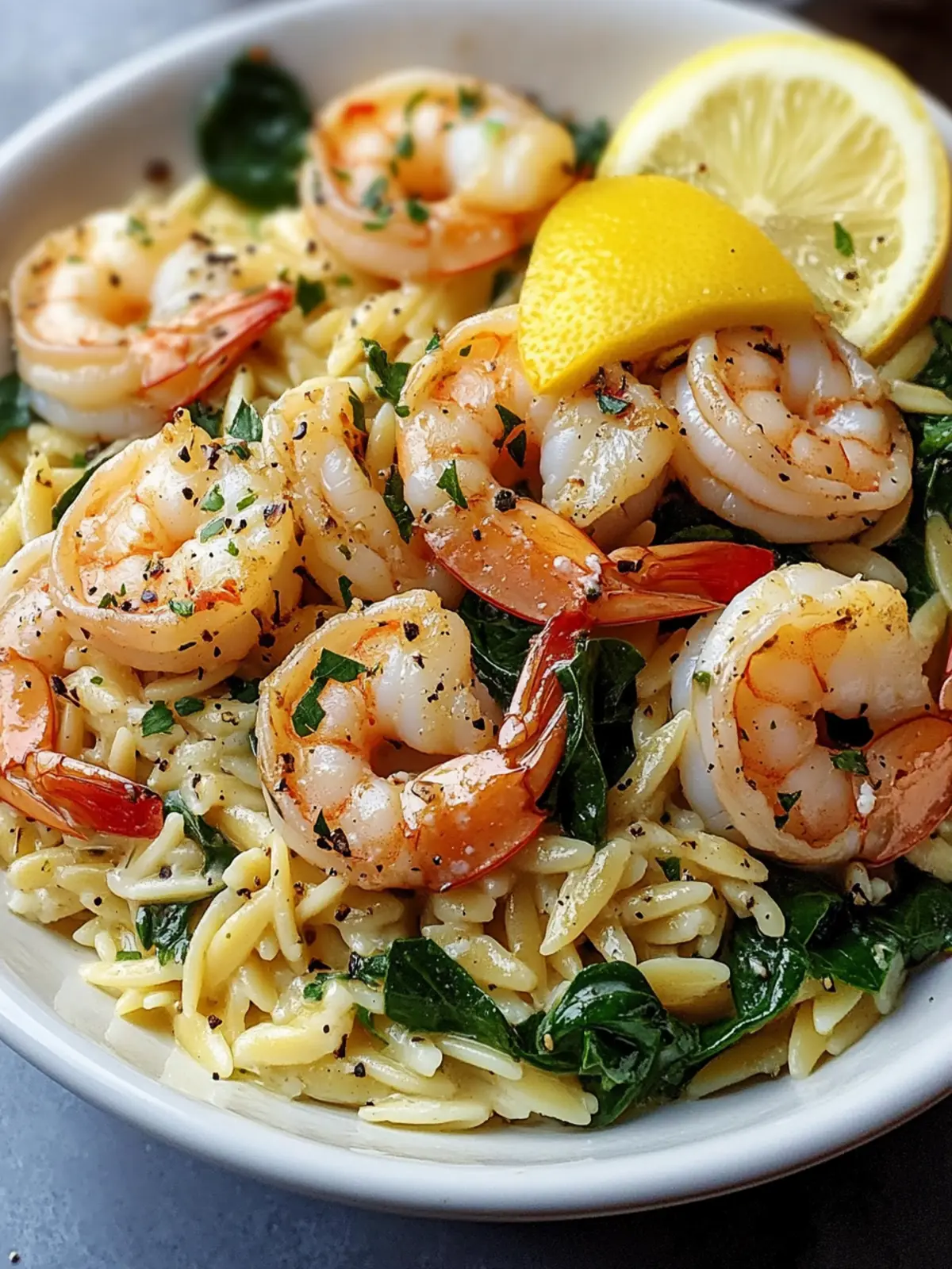 Savor Lemon Garlic Shrimp with Spinach Orzo in One Pot! 2 Lemon Garlic Shrimp with Spinach Orzo