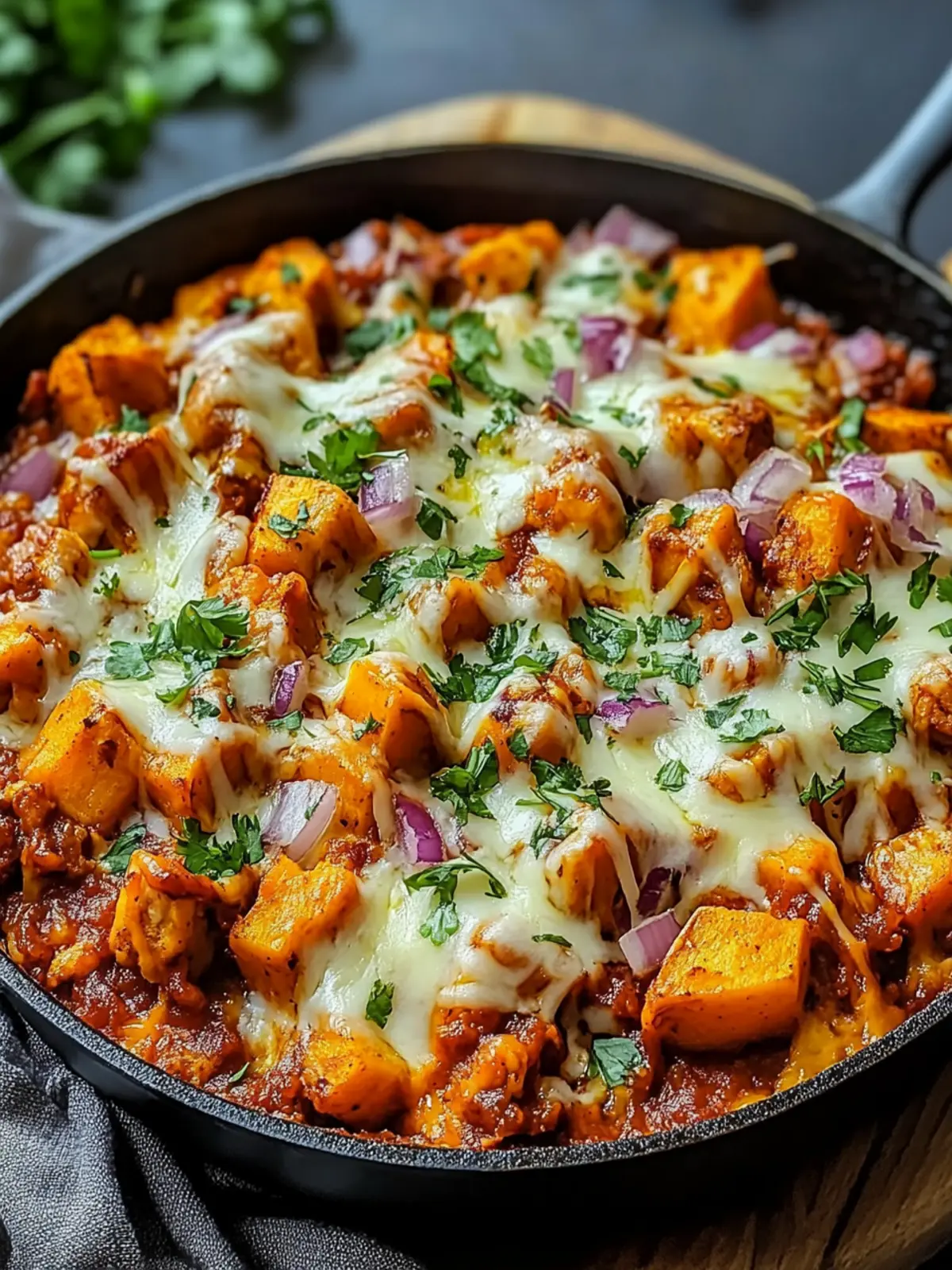 Savory Sweet Potato Skillet with BBQ Chicken & Cheese Delight 2 Sweet Potato Skillet with BBQ Chicken & Cheese