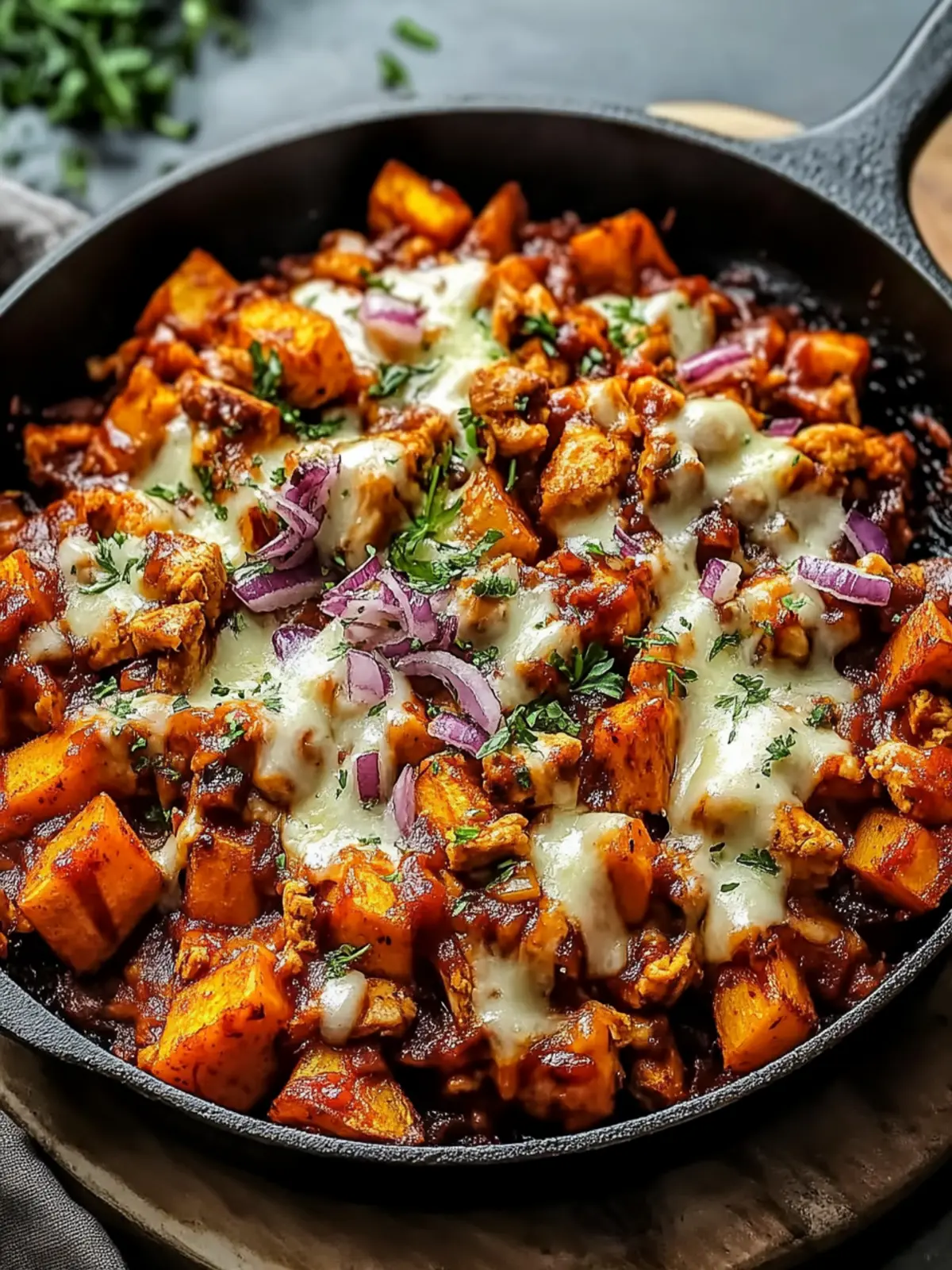 Savory Sweet Potato Skillet with BBQ Chicken & Cheese Delight 3 Sweet Potato Skillet with BBQ Chicken & Cheese