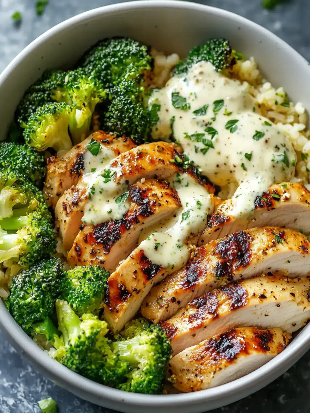 Grilled Chicken & Broccoli Bowls with Creamy Garlic Sauce in 30 Minutes 4 Grilled Chicken & Broccoli Bowls with Creamy Garlic Sauce