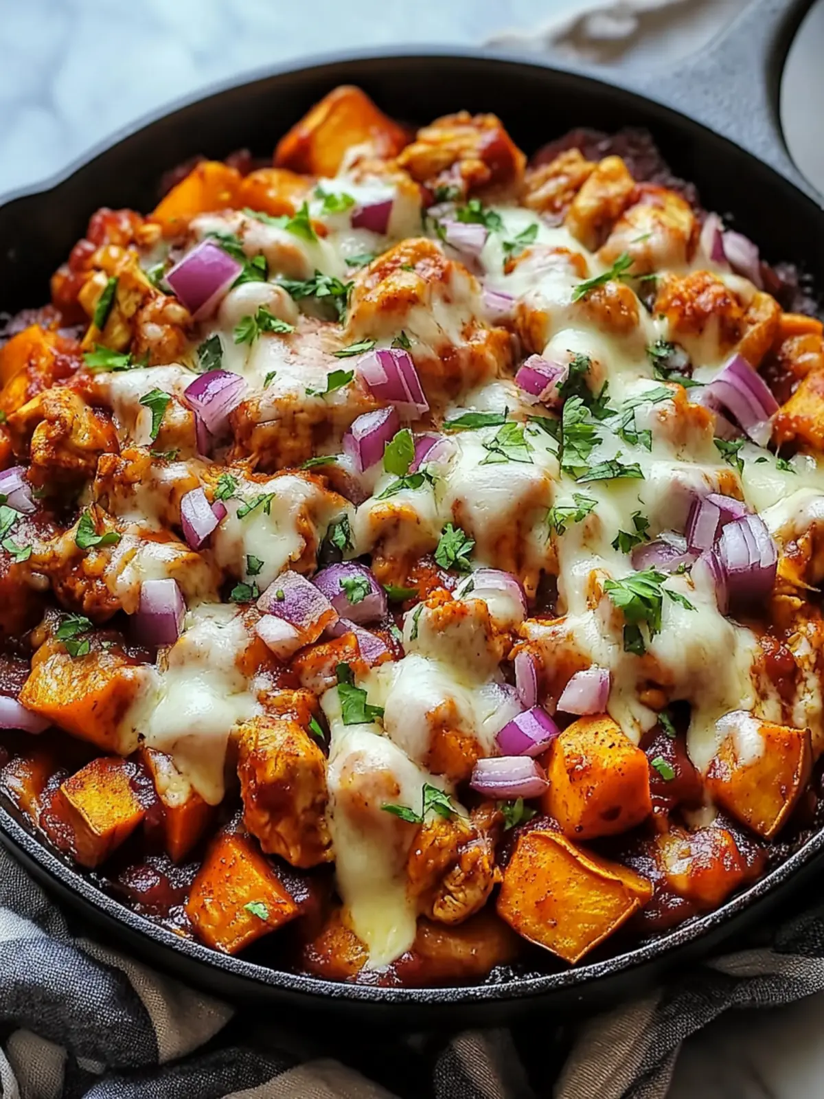 Savory Sweet Potato Skillet with BBQ Chicken & Cheese Delight 5 Sweet Potato Skillet with BBQ Chicken & Cheese