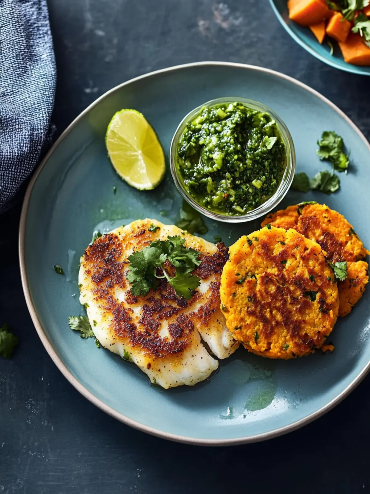 Tasty Tilapia with Sweet Potato Cakes and Chimichurri Delight 4 Tilapia with Sweet Potato Cakes and Chimichurri