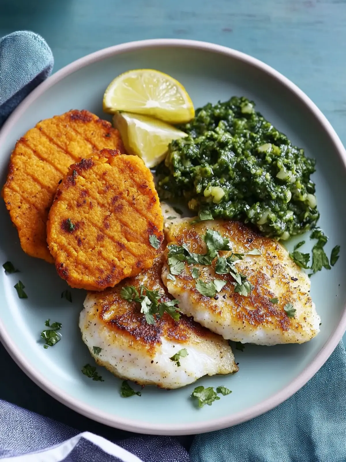 Tasty Tilapia with Sweet Potato Cakes and Chimichurri Delight 2 Tilapia with Sweet Potato Cakes and Chimichurri