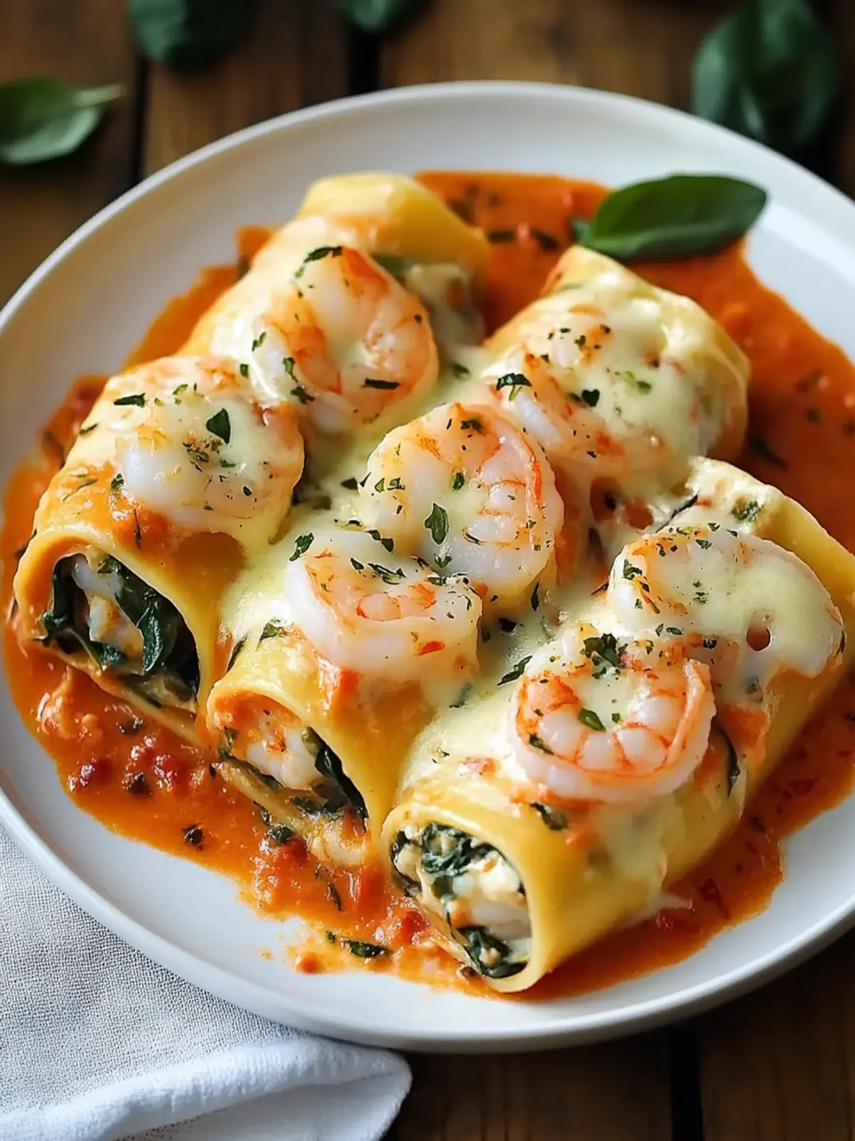 Shrimp and Spinach Stuffed Pasta Rolls in Creamy Red Pepper Bliss 4 Shrimp and Spinach Stuffed Pasta Rolls Red Pepper Cream