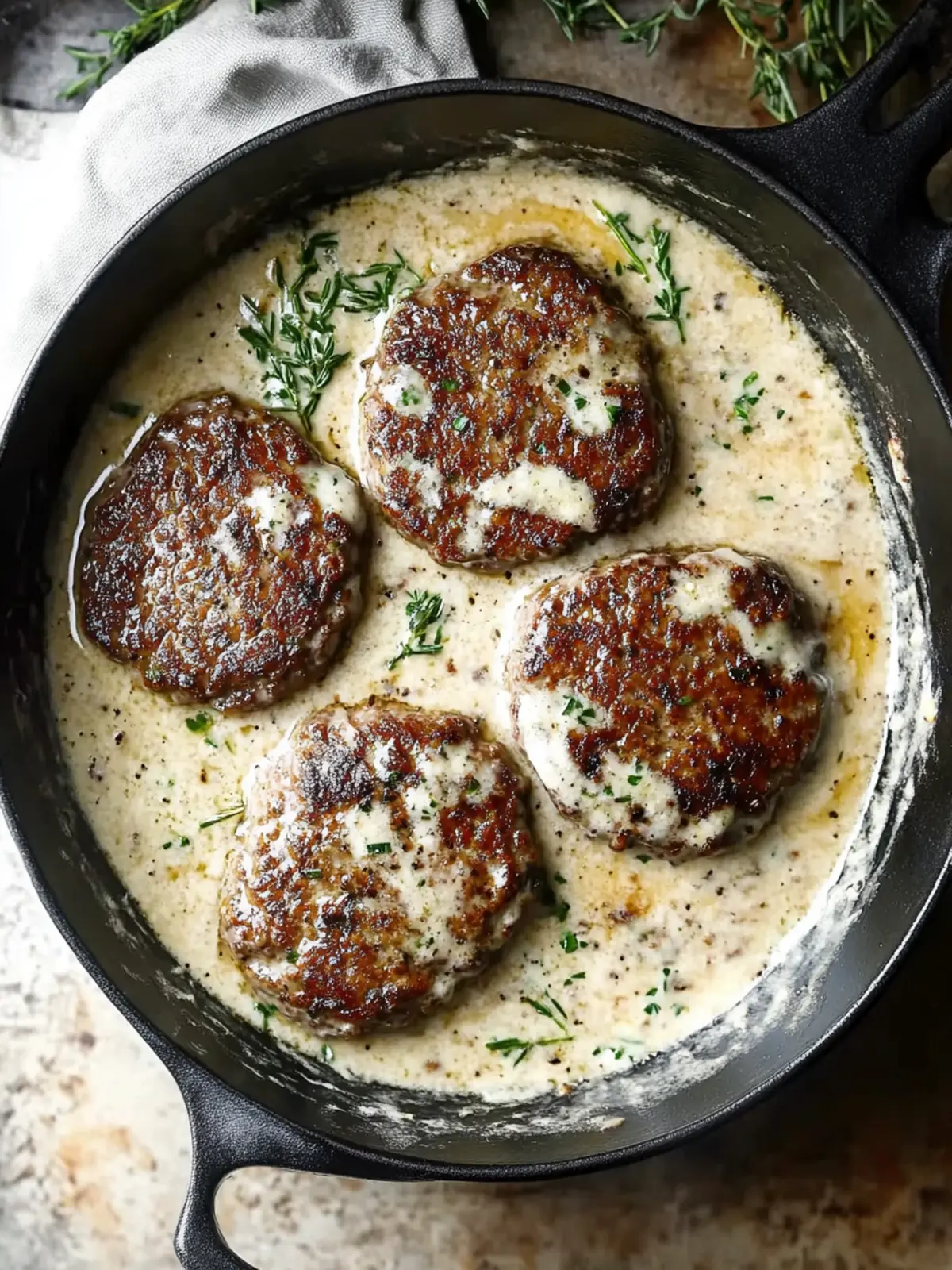 Savory Salisbury Steaks in Creamy Horseradish Parmesan Sauce 2 Salisbury Steaks in Horseradish Parmesan Sauce