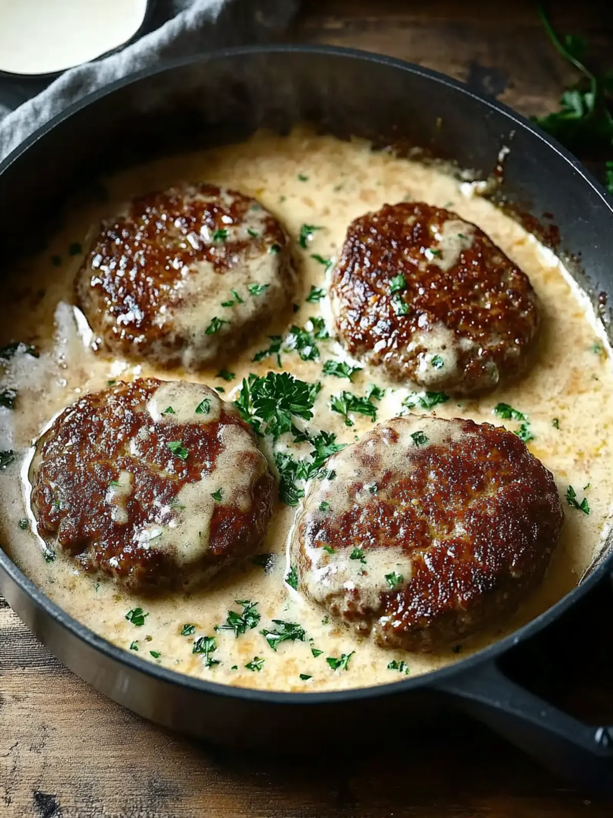 Savory Salisbury Steaks in Creamy Horseradish Parmesan Sauce 4 Salisbury Steaks in Horseradish Parmesan Sauce