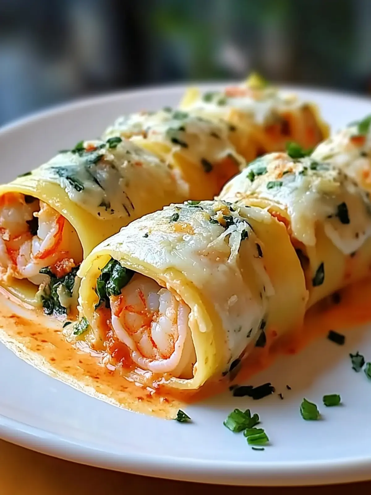 Shrimp and Spinach Stuffed Pasta Rolls in Creamy Red Pepper Bliss 2 Shrimp and Spinach Stuffed Pasta Rolls Red Pepper Cream