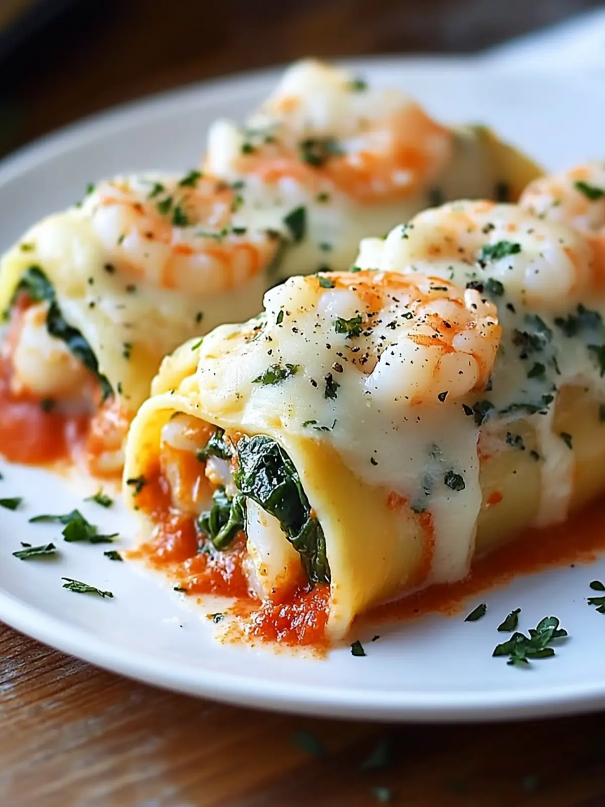 Shrimp and Spinach Stuffed Pasta Rolls in Creamy Red Pepper Bliss 3 Shrimp and Spinach Stuffed Pasta Rolls Red Pepper Cream