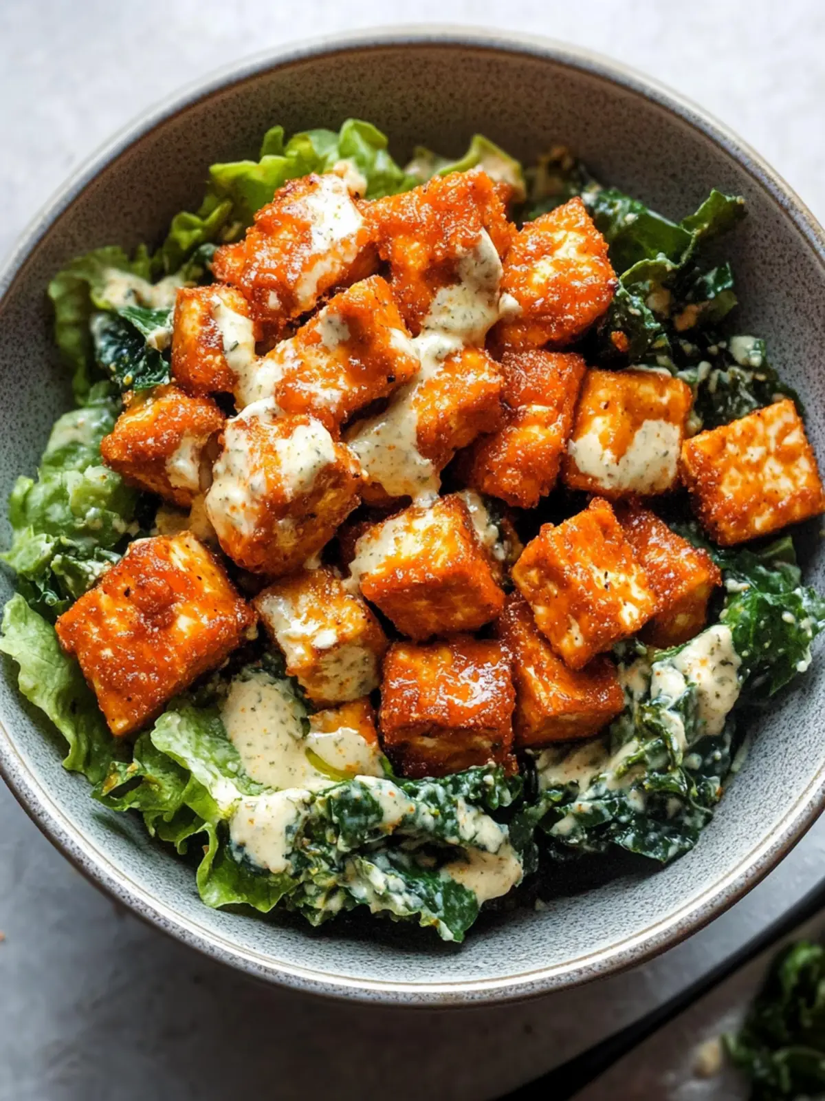 Crispy Buffalo Tofu with Caesar Salad for a Flavorful Feast 2 Crispy Buffalo Tofu with Caesar Salad