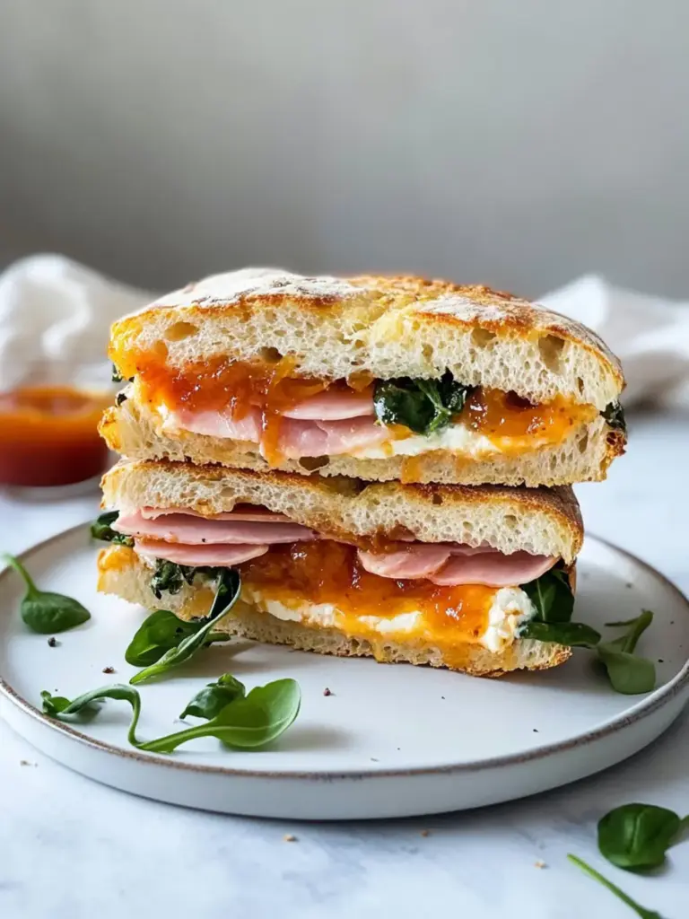Goat’s Cheese and Ham Focaccia Sandwich with Apricot Jam